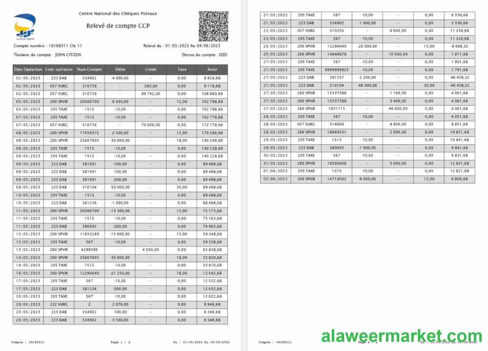 France France National Center for Postal Checks CCP account statement Word and PDF template
